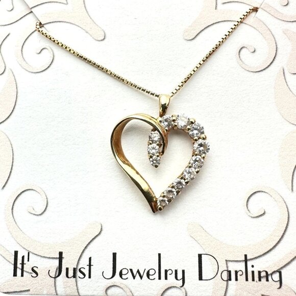 Womens Necklace 10K Yellow Gold Cubic Zirconia Heart Pendant Gift Idea for Her - Picture 8 of 9